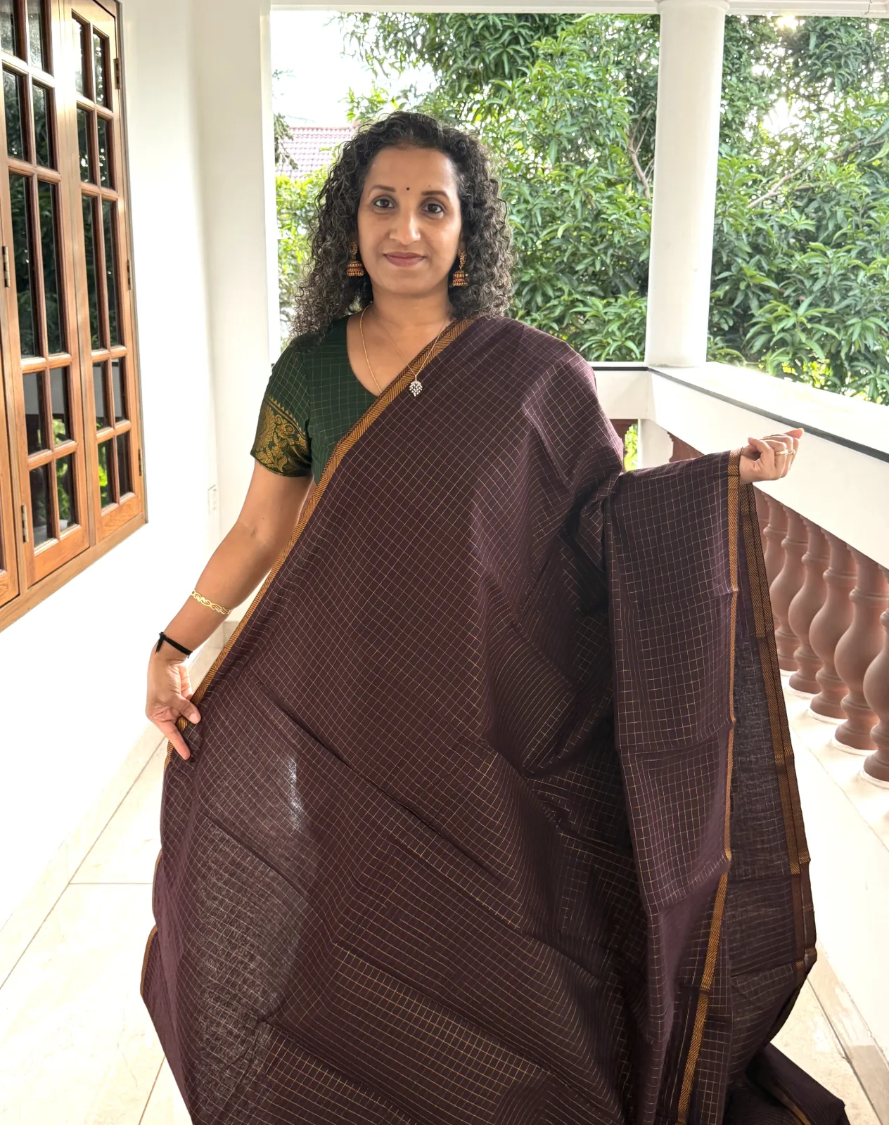 Dark Brown Madurai Sungudi Cotton Saree With Fine Golden Checks Psc043 1